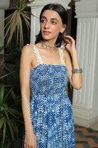 SMOCKED MEDITERRANIAN BLUE ANARKALI KURTA WITH PANT AND GOTA HIGHLIGHTED DUPATTA