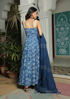 SMOCKED MEDITERRANIAN BLUE ANARKALI KURTA WITH PANT AND GOTA HIGHLIGHTED DUPATTA