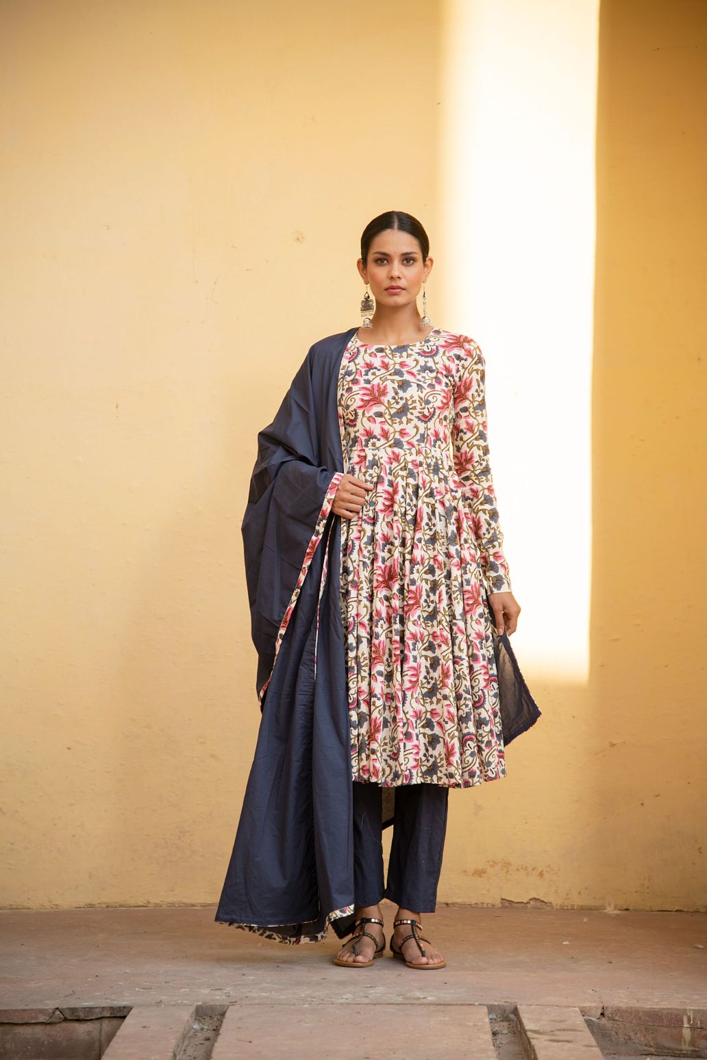Ivory Floral Print Anarkali Suit Set Paired With Blue Pansy Dupatta