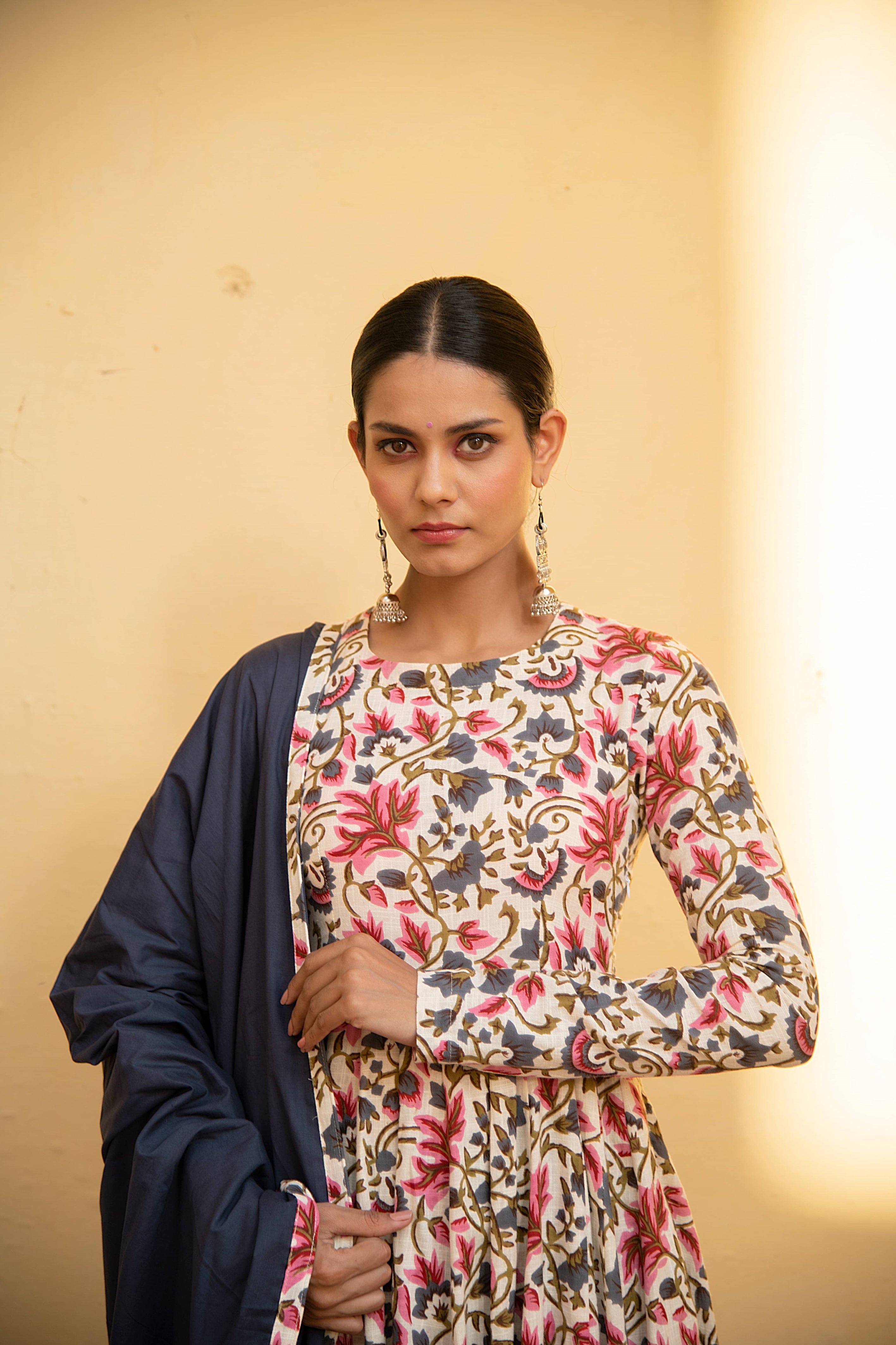 Ivory Floral Print Anarkali Suit Set Paired With Blue Pansy Dupatta