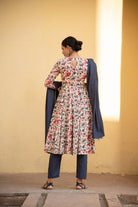 Ivory Floral Print Anarkali Suit Set Paired With Blue Pansy Dupatta