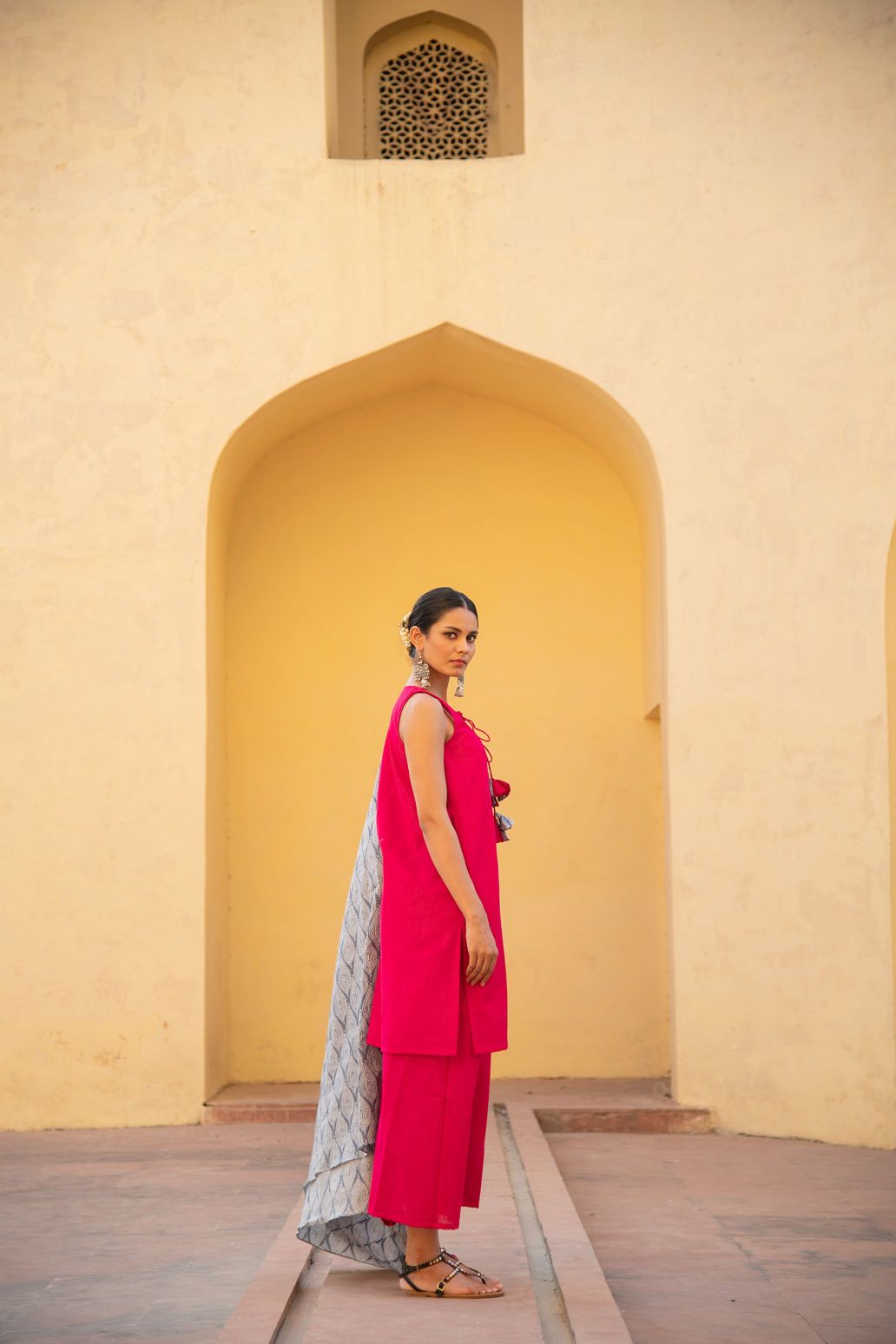 Fuschia Pink Front Tassel Tie Up Suit Set with Geometric Print Dupatta