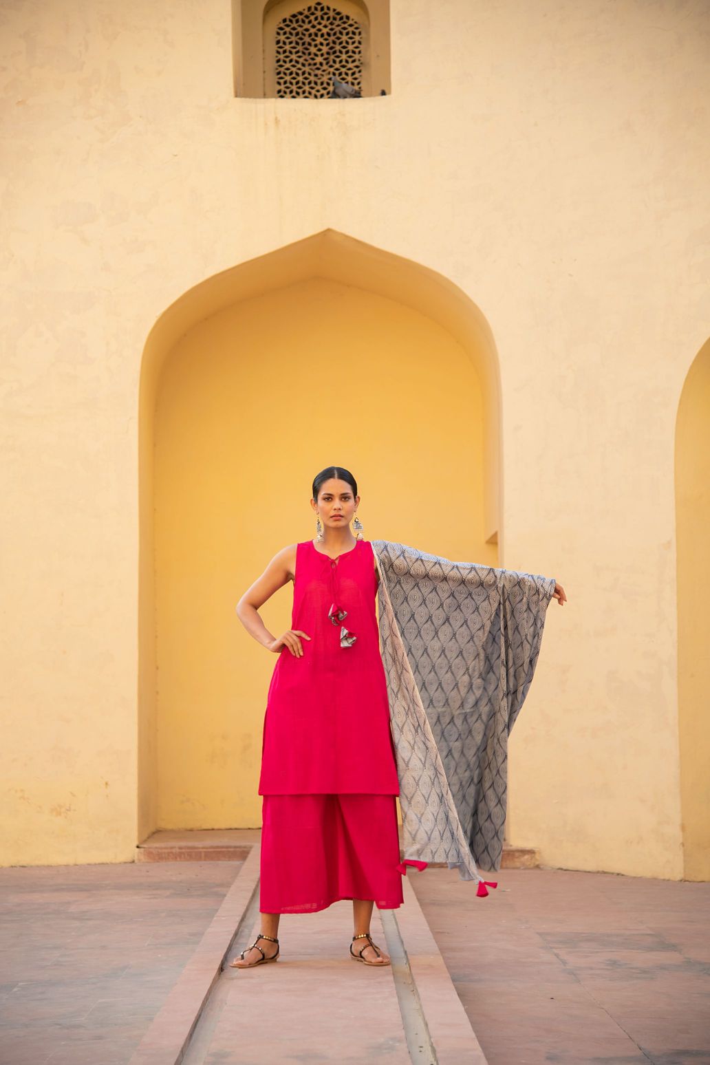 Fuschia Pink Front Tassel Tie Up Suit Set with Geometric Print Dupatta