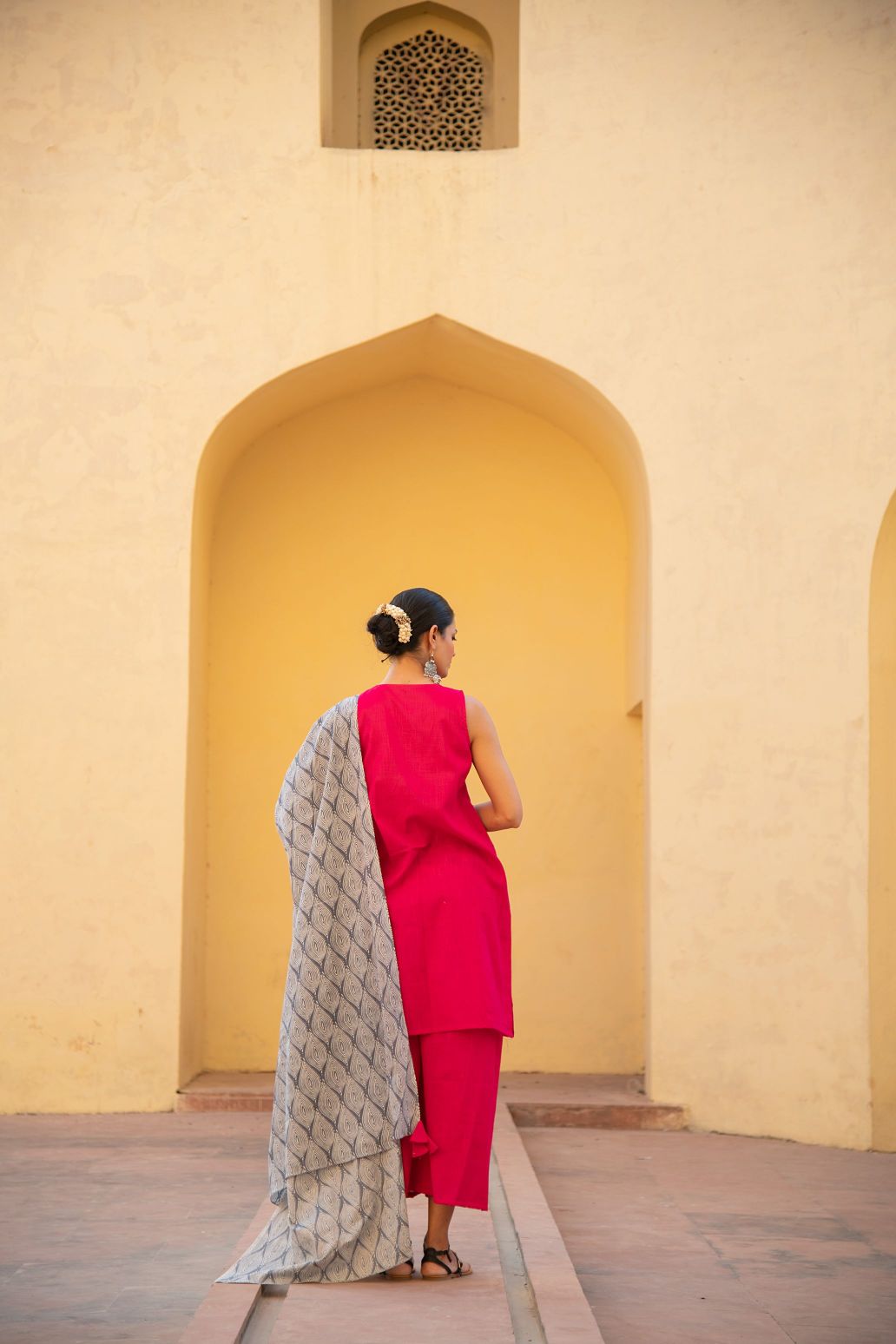 Fuschia Pink Front Tassel Tie Up Suit Set with Geometric Print Dupatta