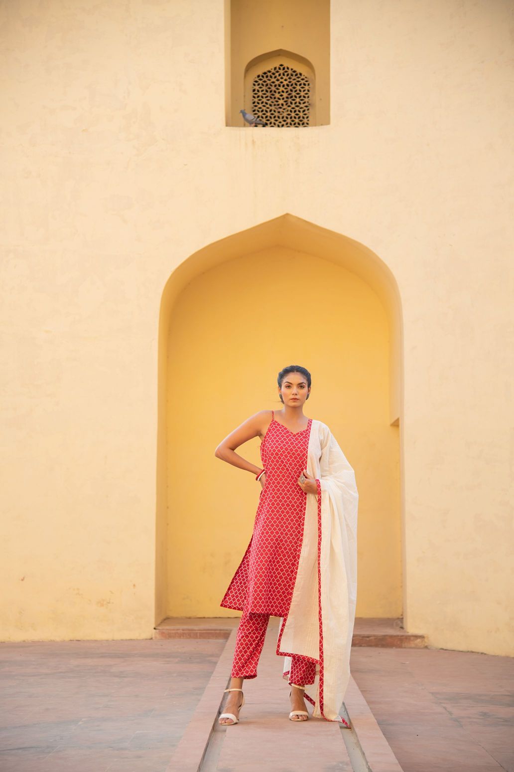 Lava Red Geometric Handblock Print Suit Set Paired With Lurex Cotton Dupatta