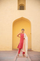 Lava Red Geometric Handblock Print Suit Set Paired With Lurex Cotton Dupatta