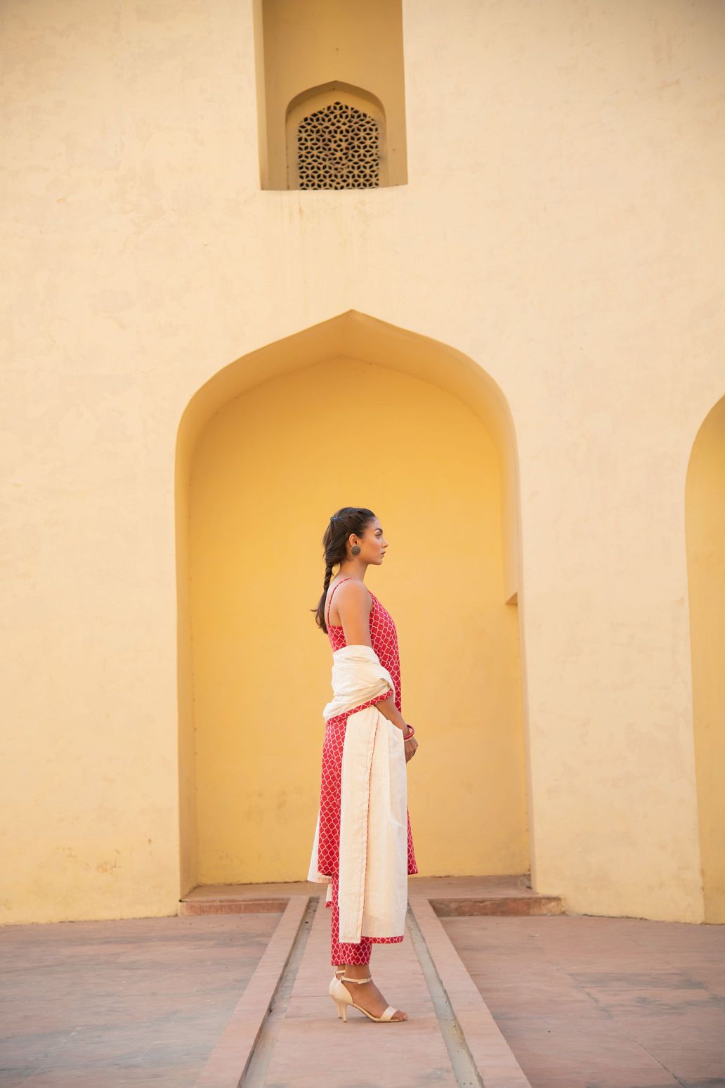 Lava Red Geometric Handblock Print Suit Set Paired With Lurex Cotton Dupatta