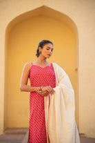 Lava Red Geometric Handblock Print Suit Set Paired With Lurex Cotton Dupatta