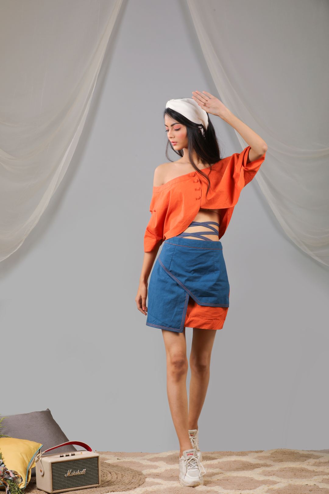 Burnt orange shrug blouse with short flap skirt